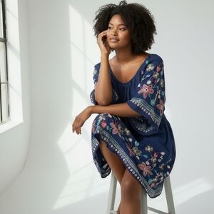 Floral Embroidered Navy Dress Lined Bell Sleeve Botanical Garden Girl XL